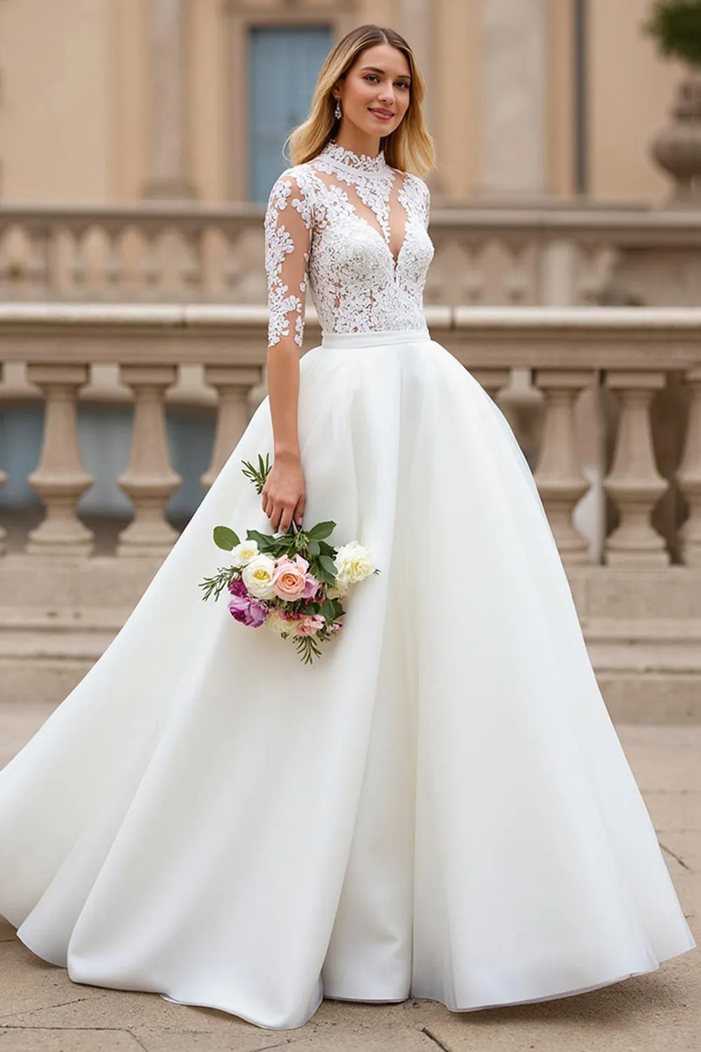 A Line Court Train Organza Ivory Wedding Dress with Lace Appliques sold by Zapaka