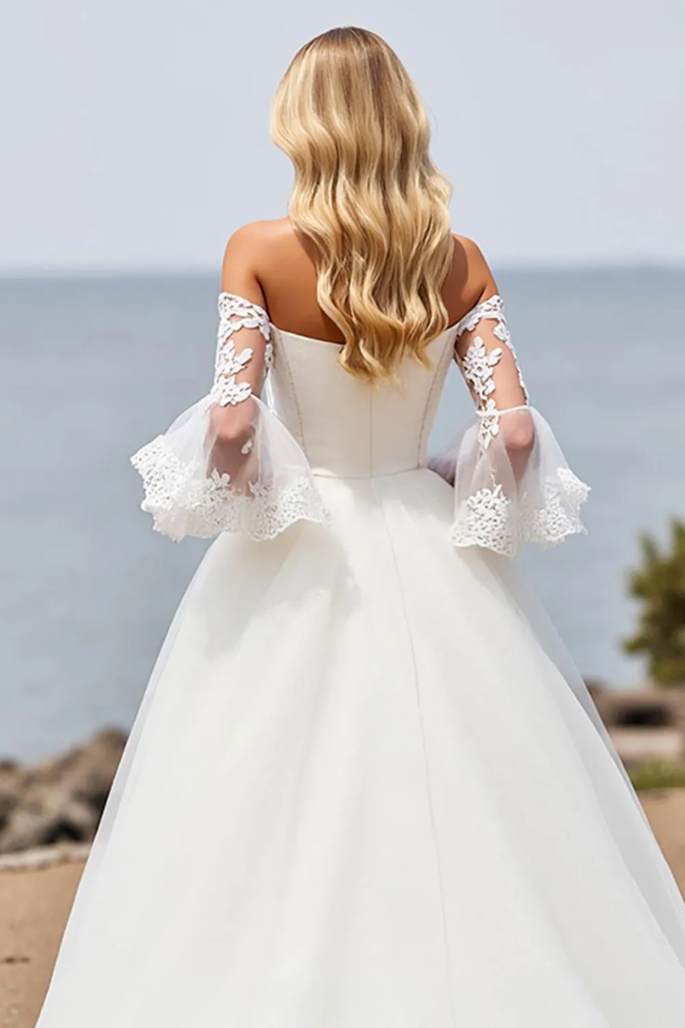 Ivory Off the Shoulder Tulle A Line Wedding Dress with Lace Appliques sold by Zapaka product image thumbnail 4