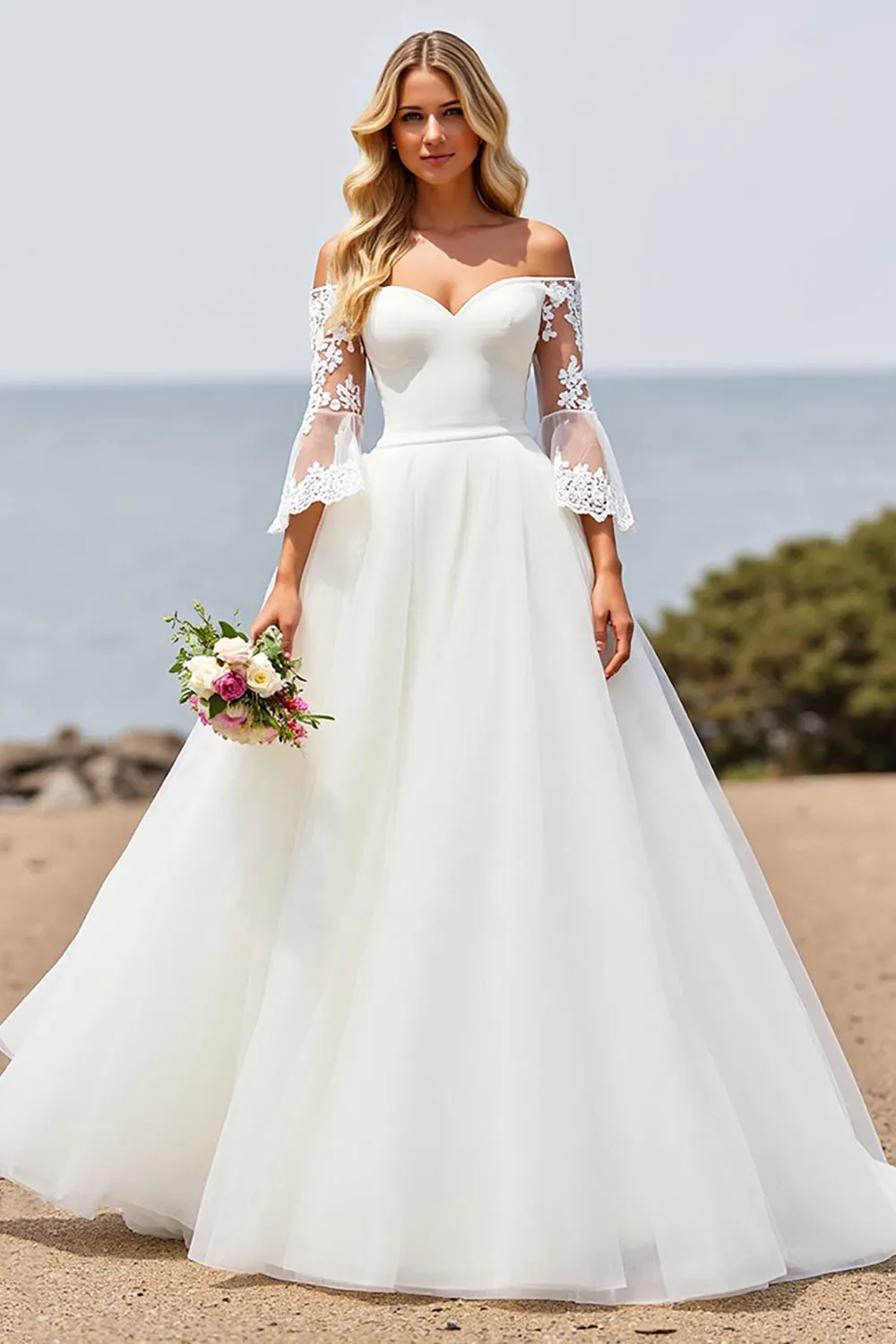 Ivory Off the Shoulder Tulle A Line Wedding Dress with Lace Appliques sold by Zapaka