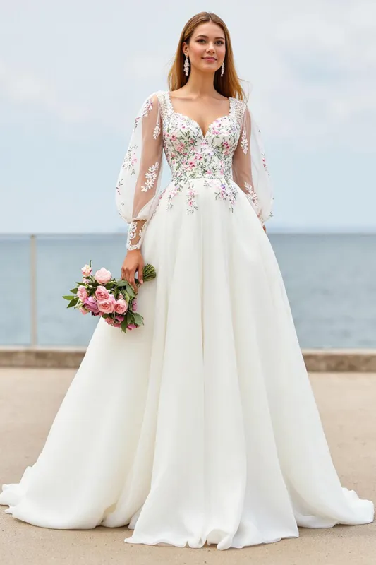Ivory A Line Court Train Wedding Dress with Lace Appliques sold by Zapaka