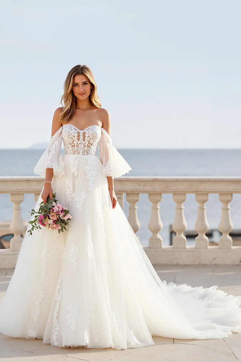 Chapel Train Tulle A Line Off the Shoulder Ivory Wedding Dress with Lace Appliques sold by Zapaka