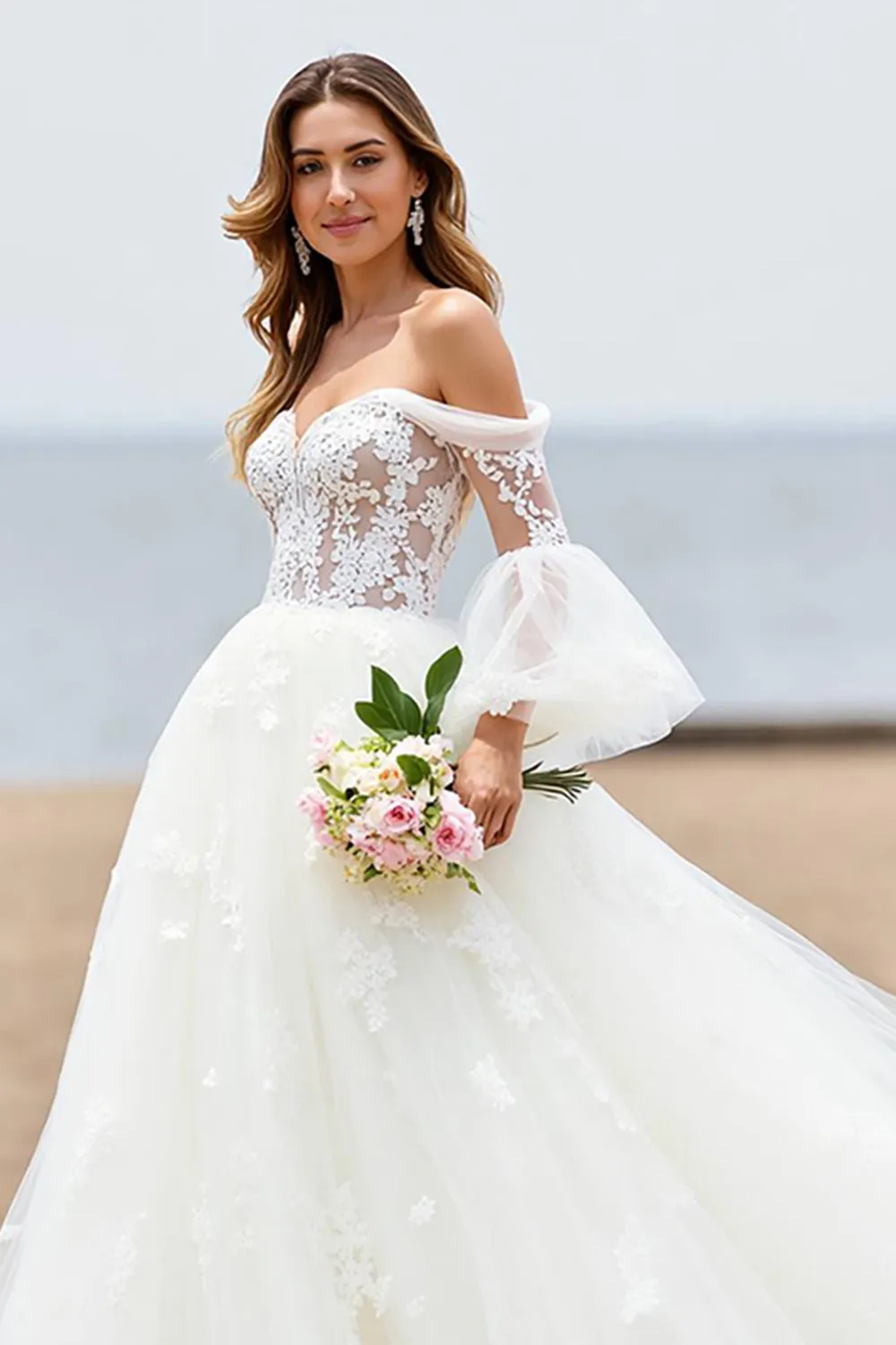 Ivory Tulle A Line Off the Shoulder Chapel Train Wedding Dress with Lace Appliques sold by Zapaka product image thumbnail 2