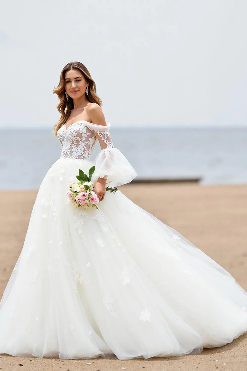 Ivory Tulle A Line Off the Shoulder Chapel Train Wedding Dress with Lace Appliques sold by Zapaka