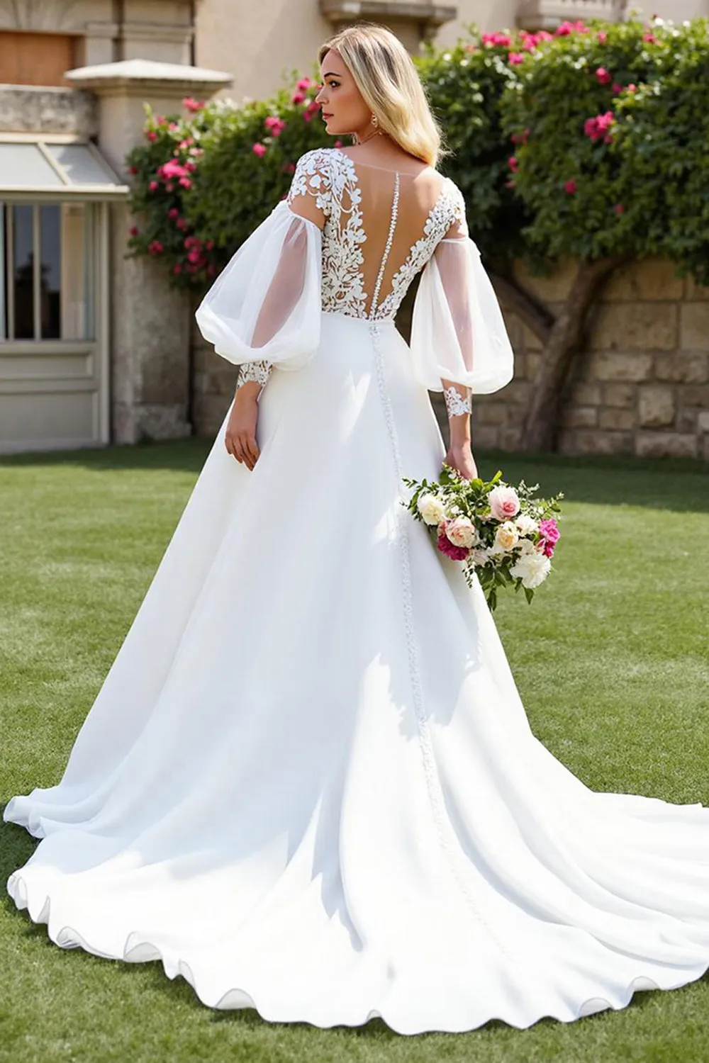 Ivory A Line Court Train Chiffon Wedding Dress with Lace Appliques sold by Zapaka product image thumbnail 2
