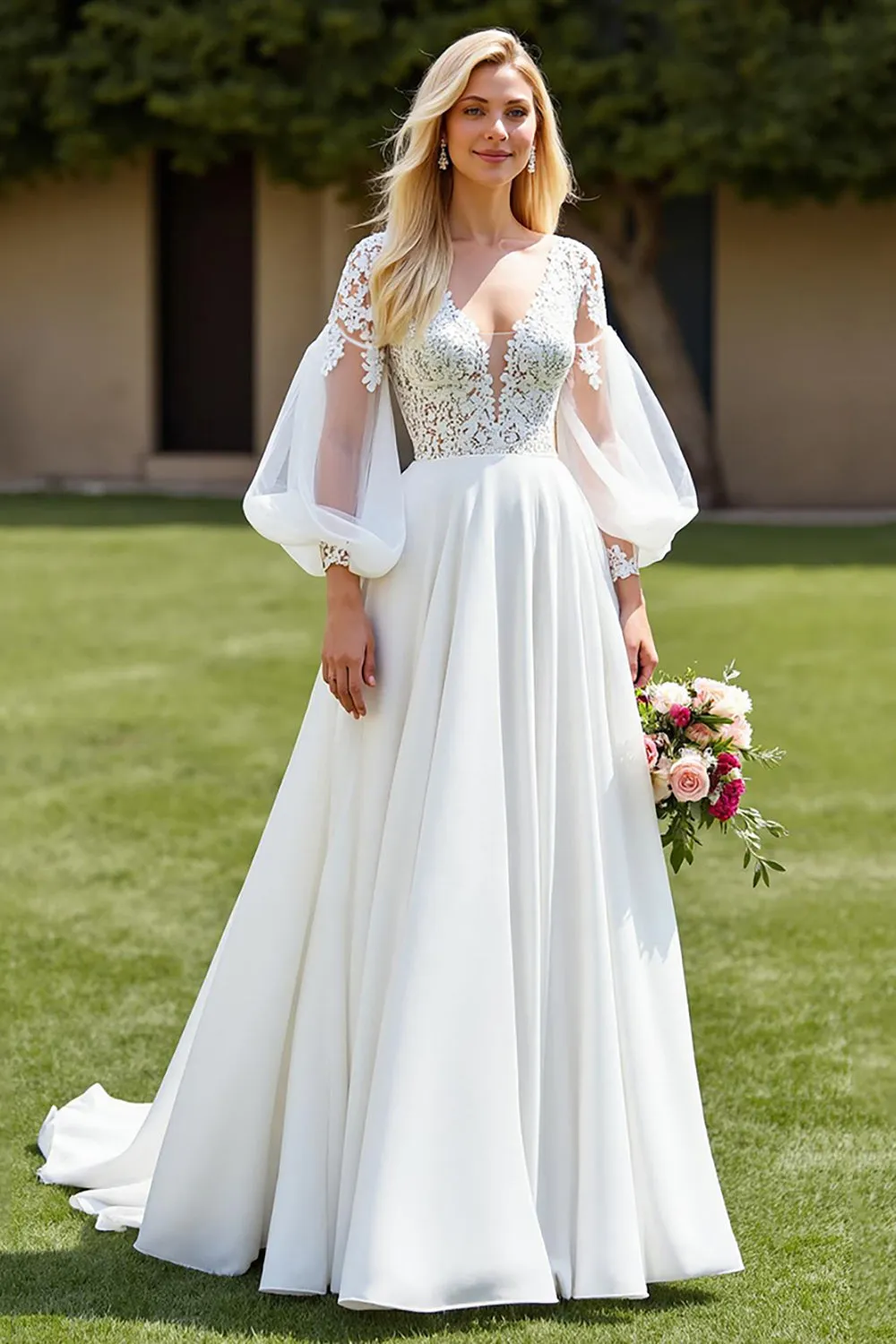 Ivory A Line Court Train Chiffon Wedding Dress with Lace Appliques sold by Zapaka