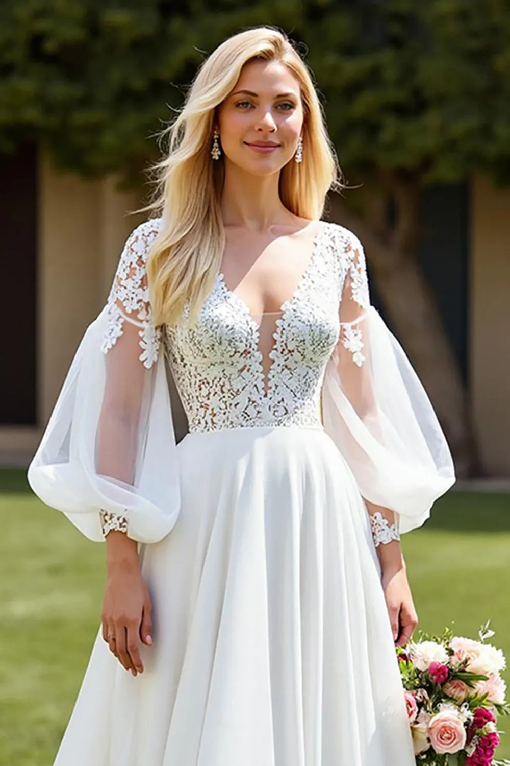 Ivory A Line Court Train Chiffon Wedding Dress with Lace Appliques sold by Zapaka product image thumbnail 3