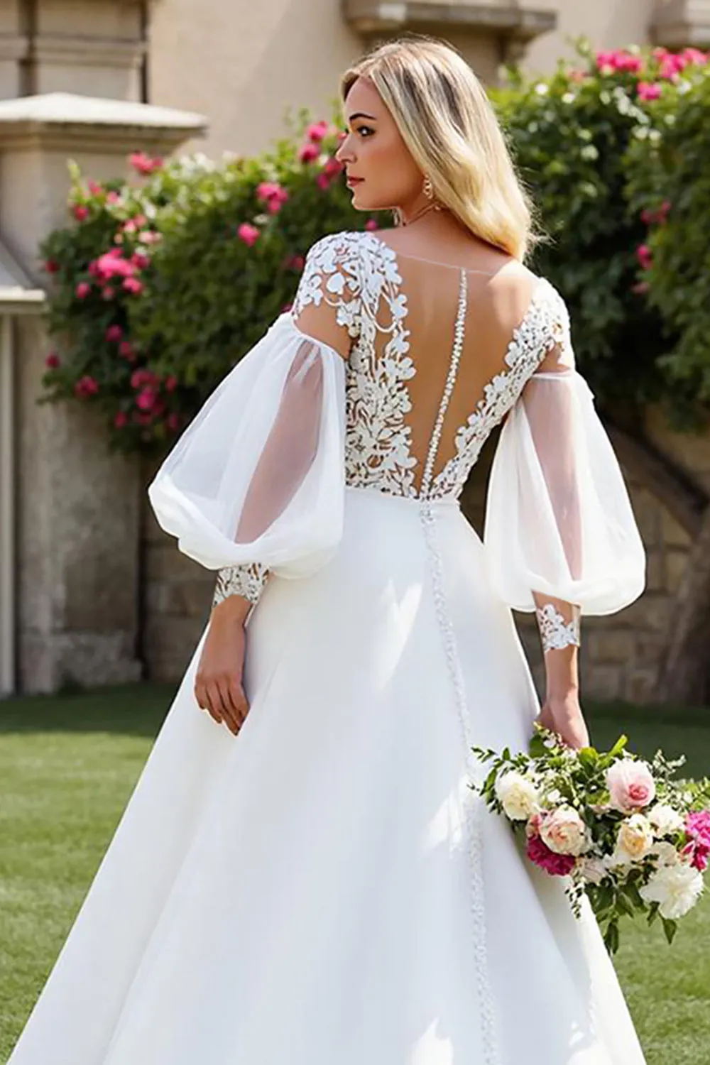 Ivory A Line Court Train Chiffon Wedding Dress with Lace Appliques sold by Zapaka product image thumbnail 4