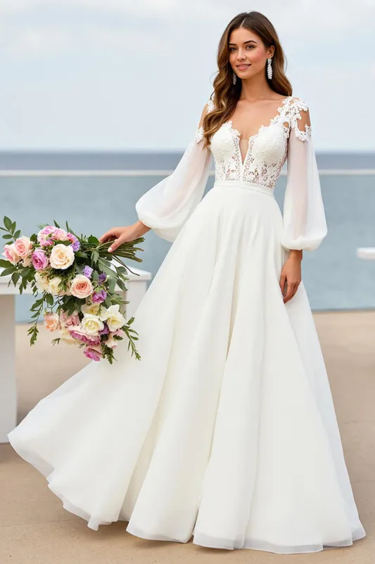 Cold Shoulder Chiffon A Line Ivory Wedding Dress with Lace Appliques sold by Zapaka