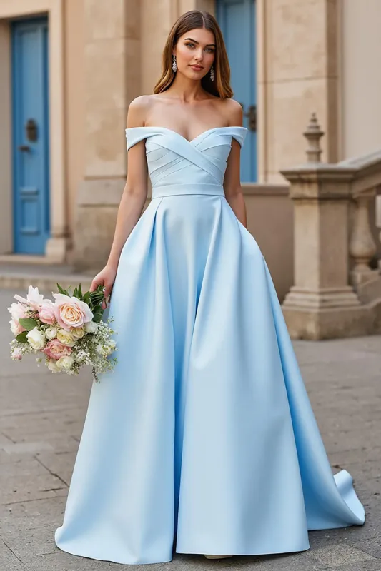Satin A Line Off the Shoulder Court Train Sky Blue Wedding Dress sold by Zapaka