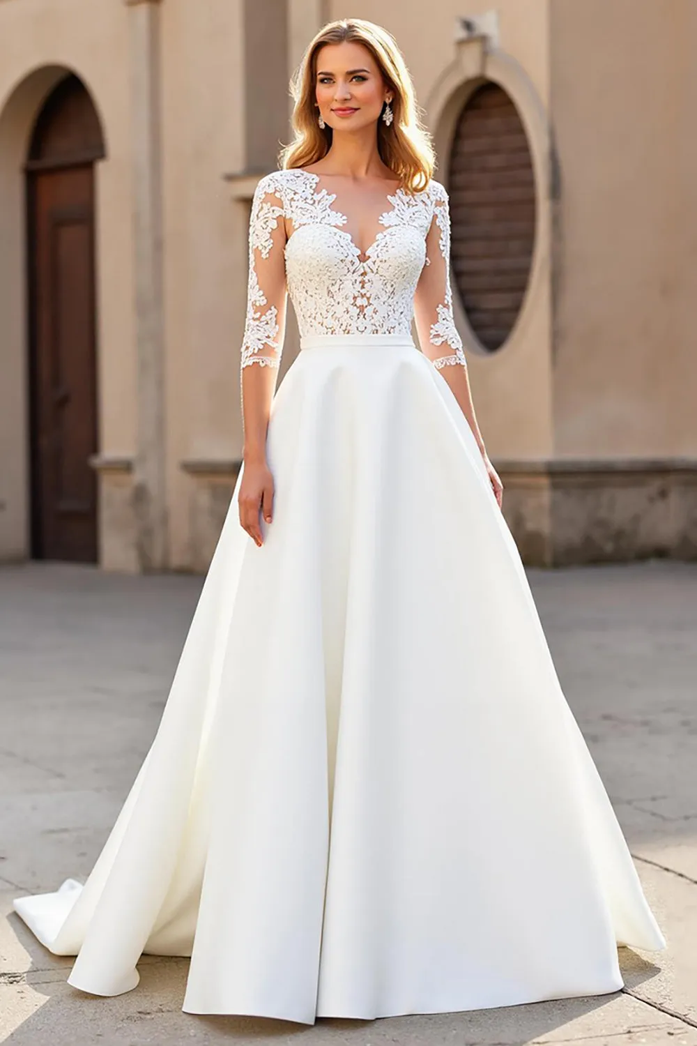 Satin A Line V-Neck Court Train Ivory Wedding Dress with Lace Appliques sold by Zapaka