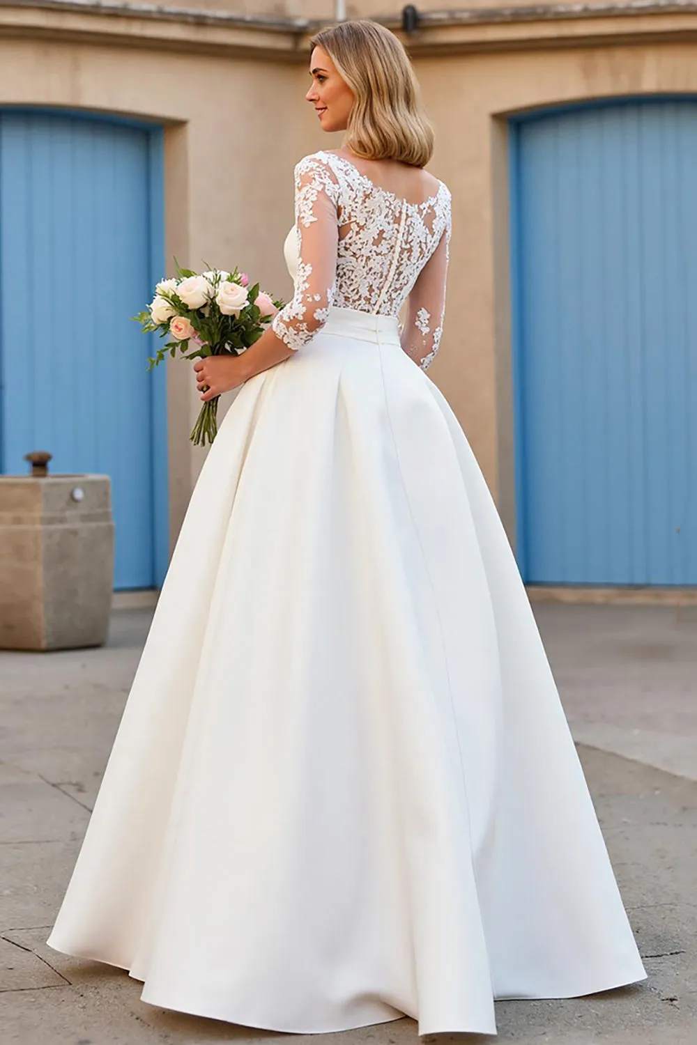 Satin A Line V-Neck Court Train Ivory Wedding Dress with Lace Appliques sold by Zapaka product image thumbnail 2