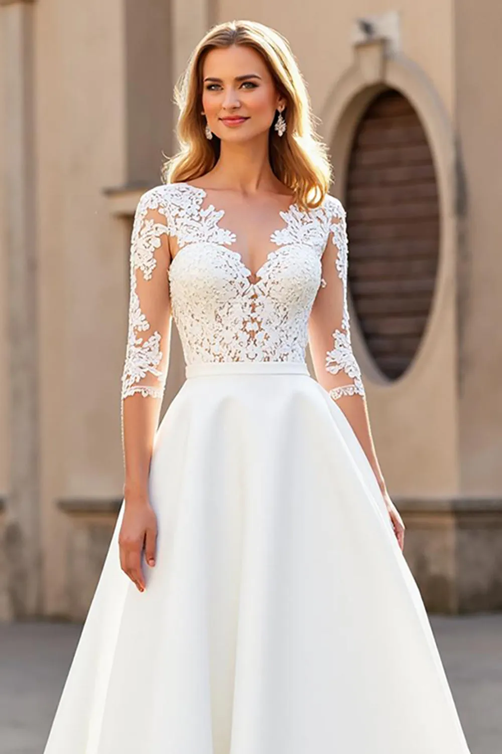 Satin A Line V-Neck Court Train Ivory Wedding Dress with Lace Appliques sold by Zapaka product image thumbnail 3