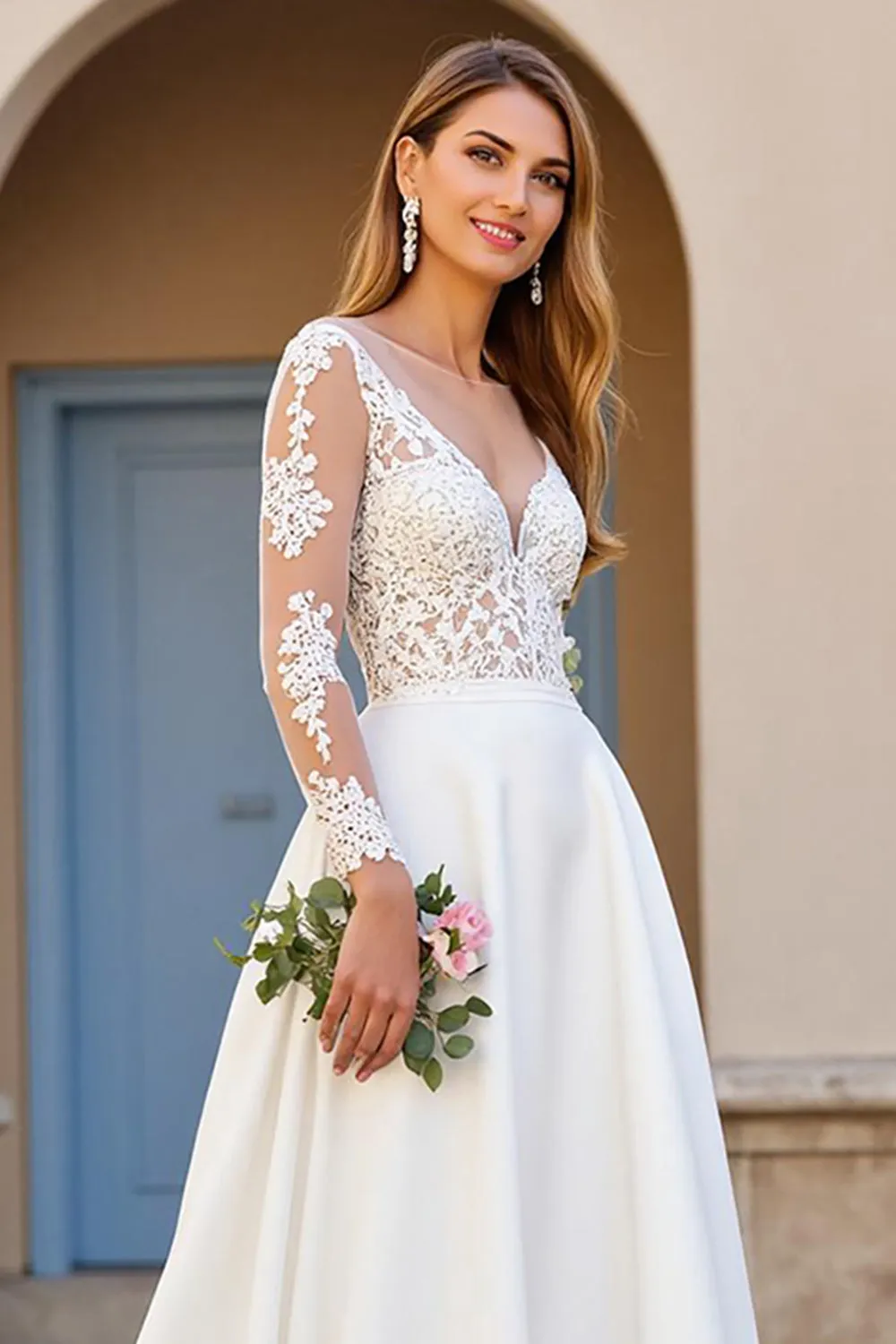 A Line Boat Neck Sweep Train Ivory Wedding Dress with Lace Appliques sold by Zapaka product image thumbnail 3