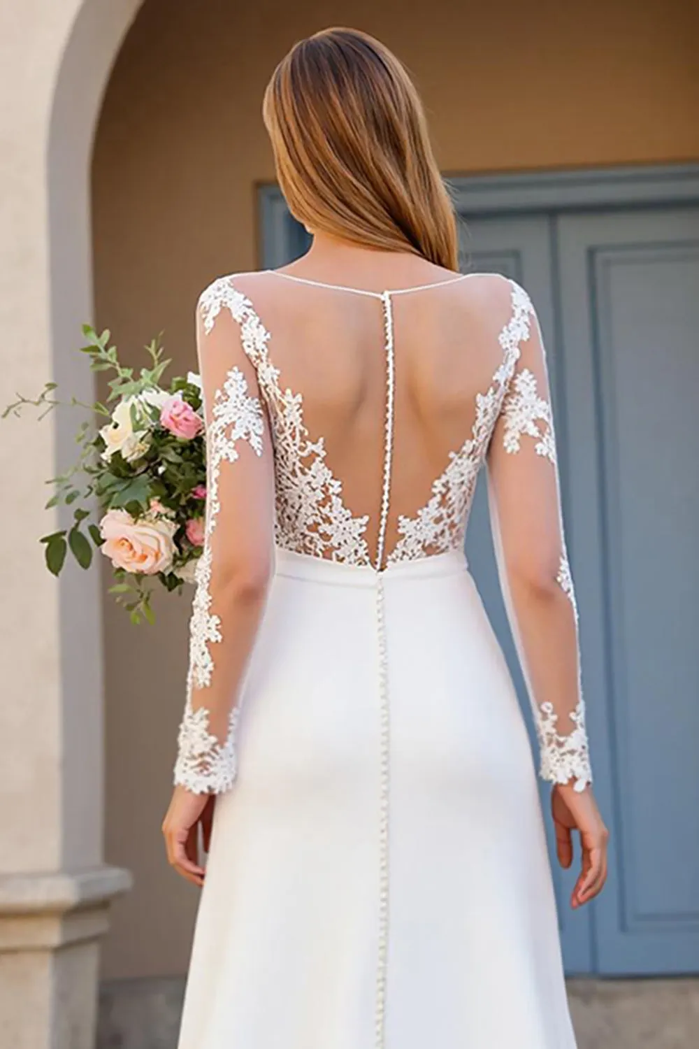 A Line Boat Neck Sweep Train Ivory Wedding Dress with Lace Appliques sold by Zapaka product image thumbnail 4