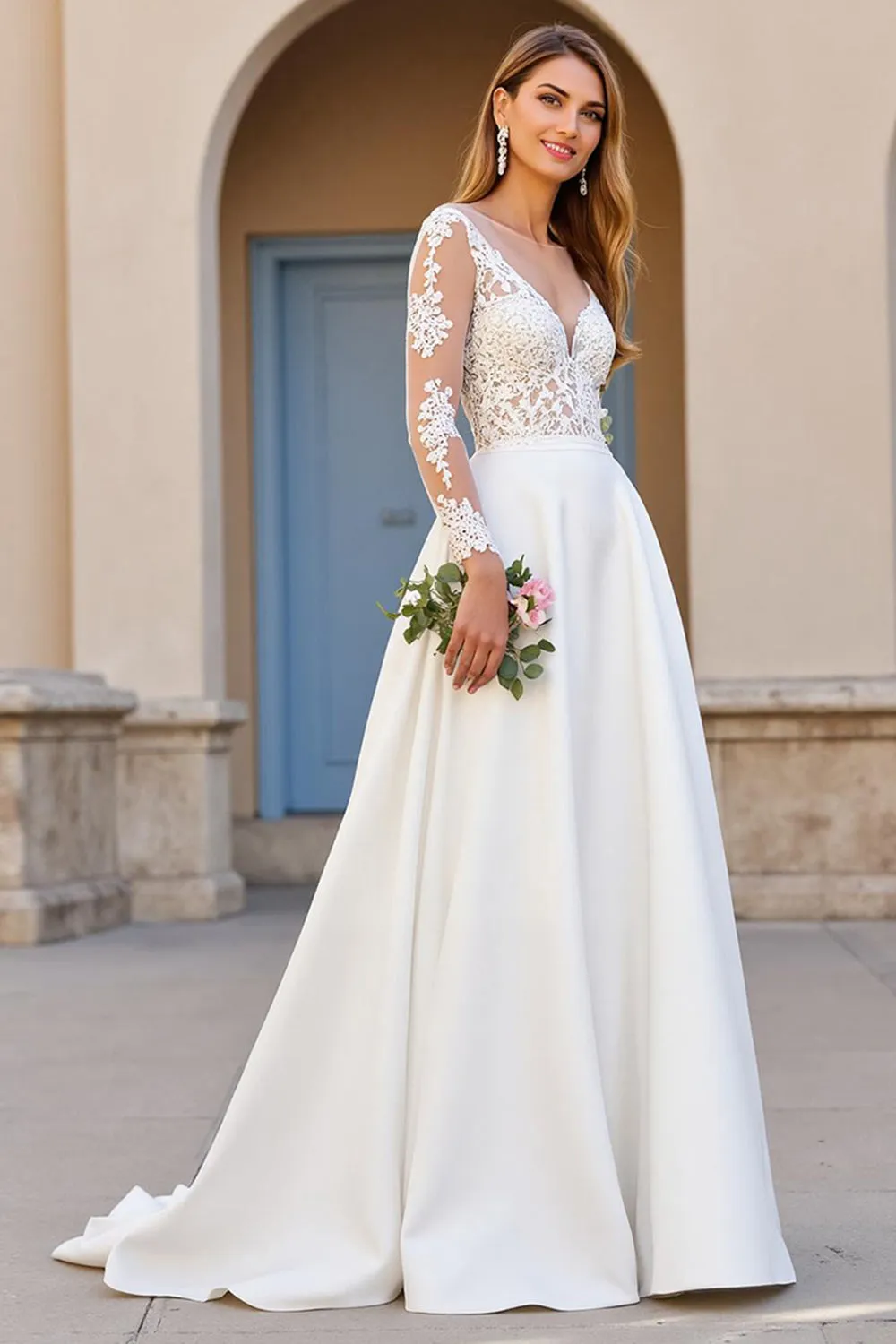 A Line Boat Neck Sweep Train Ivory Wedding Dress with Lace Appliques sold by Zapaka