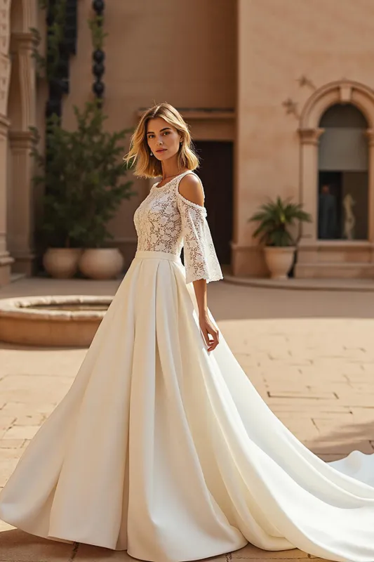 A Line Cold Shoulder Chapel Train Ivory Wedding Dress with Lace sold by Zapaka