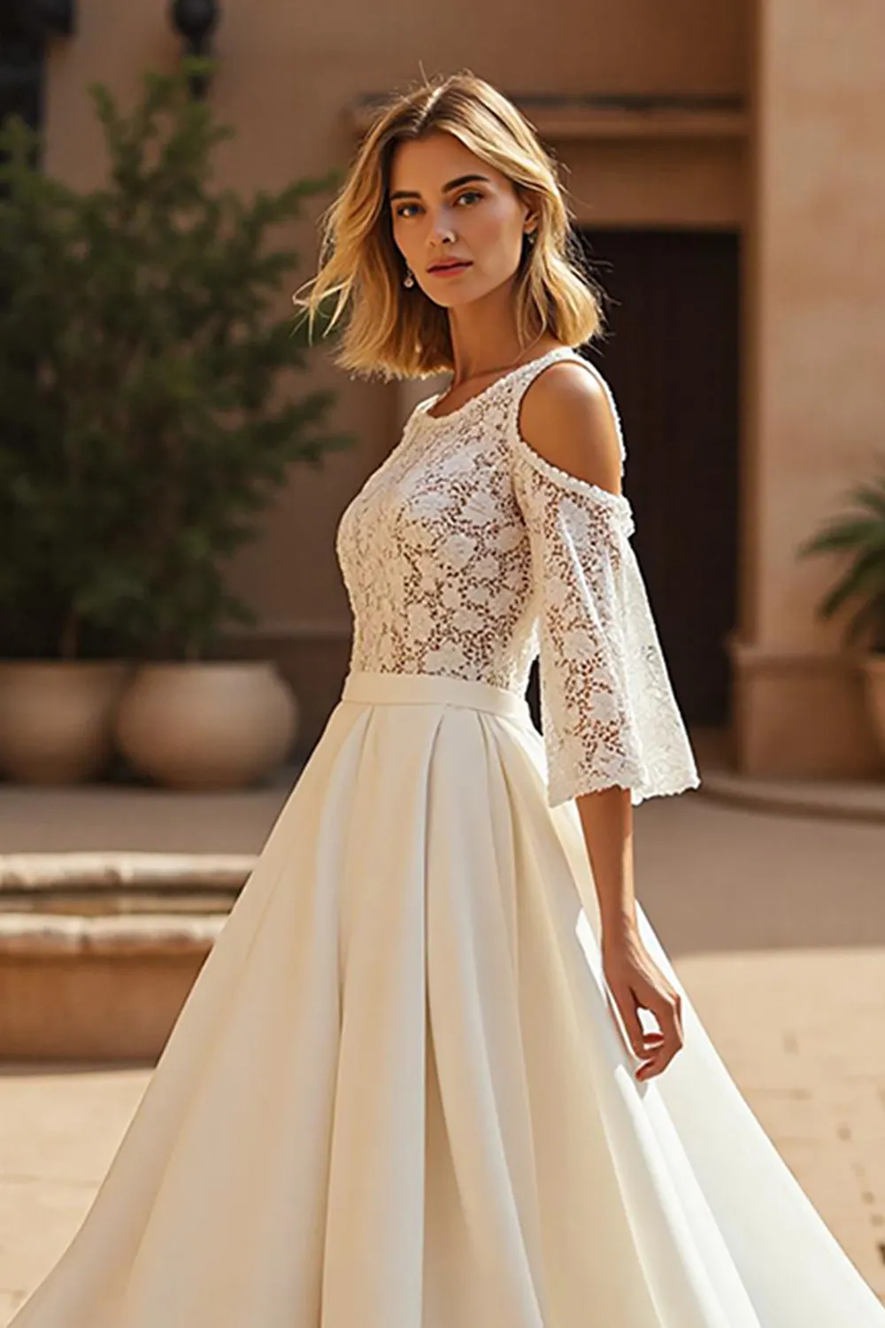 A Line Cold Shoulder Chapel Train Ivory Wedding Dress with Lace sold by Zapaka product image thumbnail 2