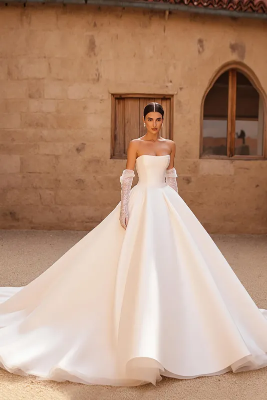 A Line Chapel Train Satin Ivory Wedding Dress sold by Zapaka