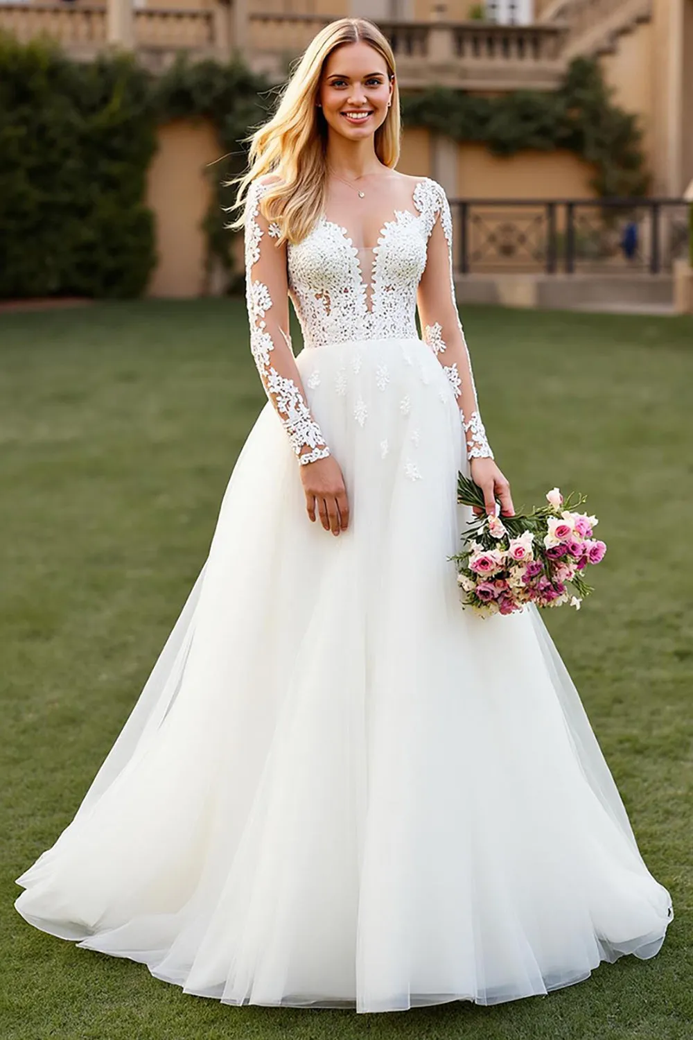 A Line Illusion Neck Court Train Ivory Wedding Dress with Lace Appliques sold by Zapaka