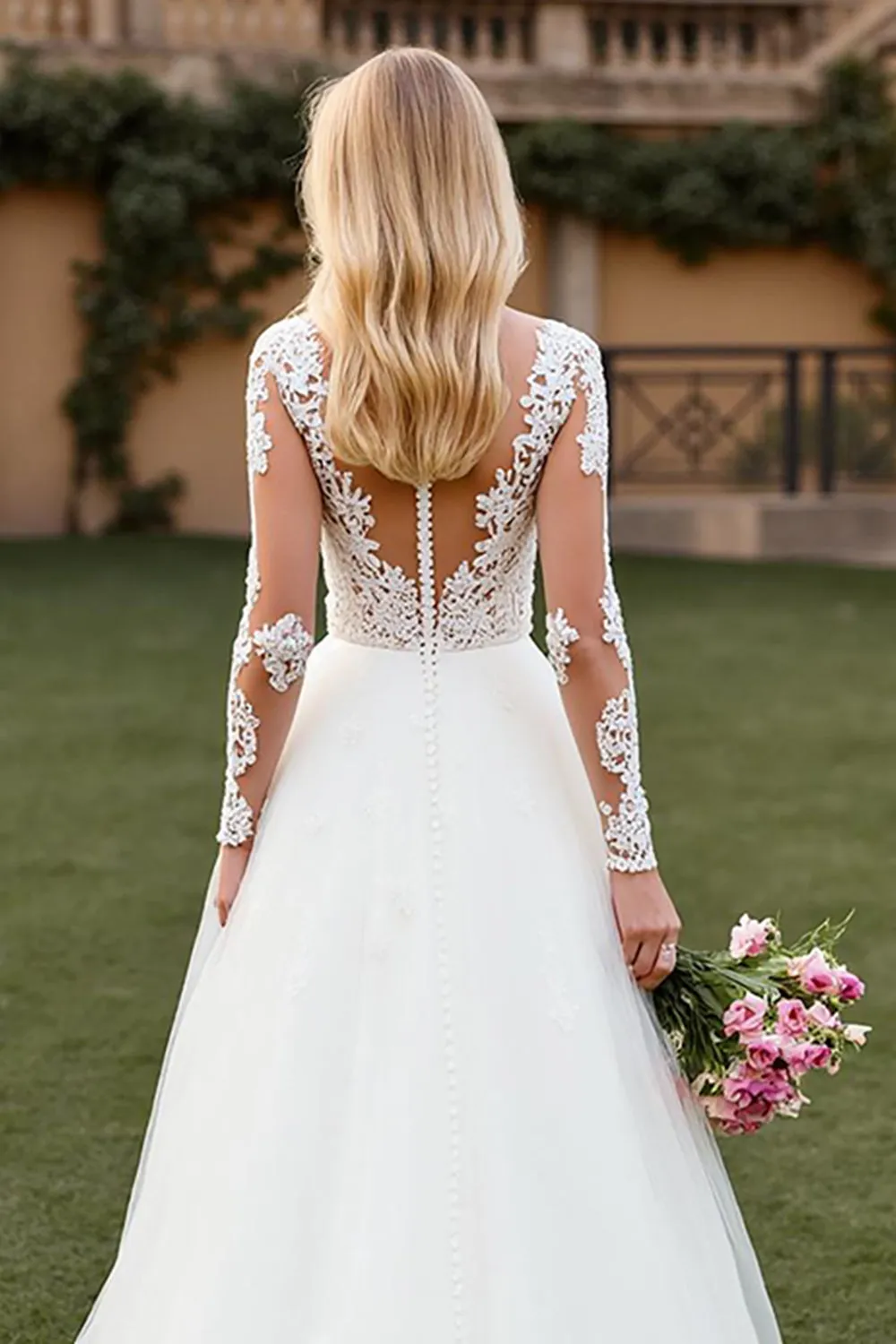 A Line Illusion Neck Court Train Ivory Wedding Dress with Lace Appliques sold by Zapaka product image thumbnail 3
