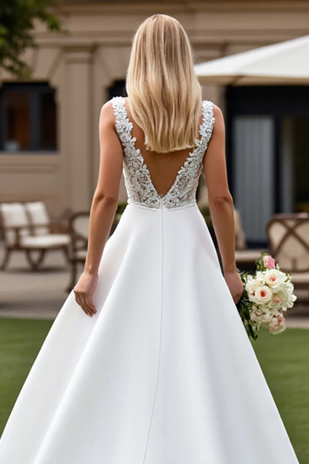 Court Train Satin A Line V-Neck Ivory Wedding Dress with Lace Appliques sold by Zapaka product image thumbnail 5