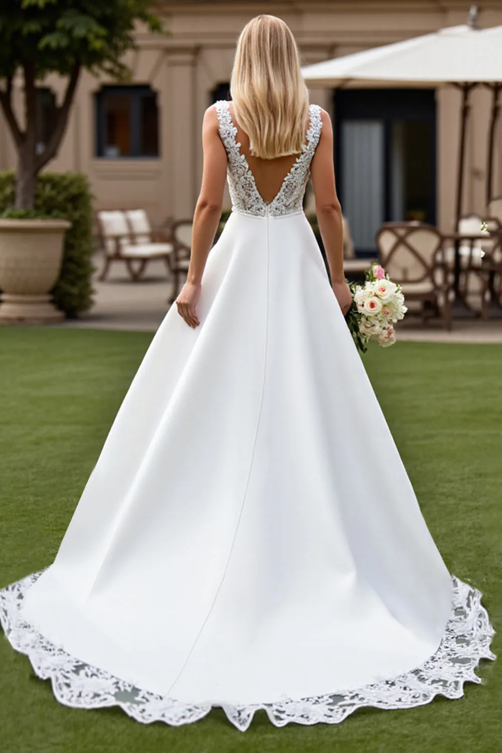 Court Train Satin A Line V-Neck Ivory Wedding Dress with Lace Appliques sold by Zapaka product image thumbnail 2