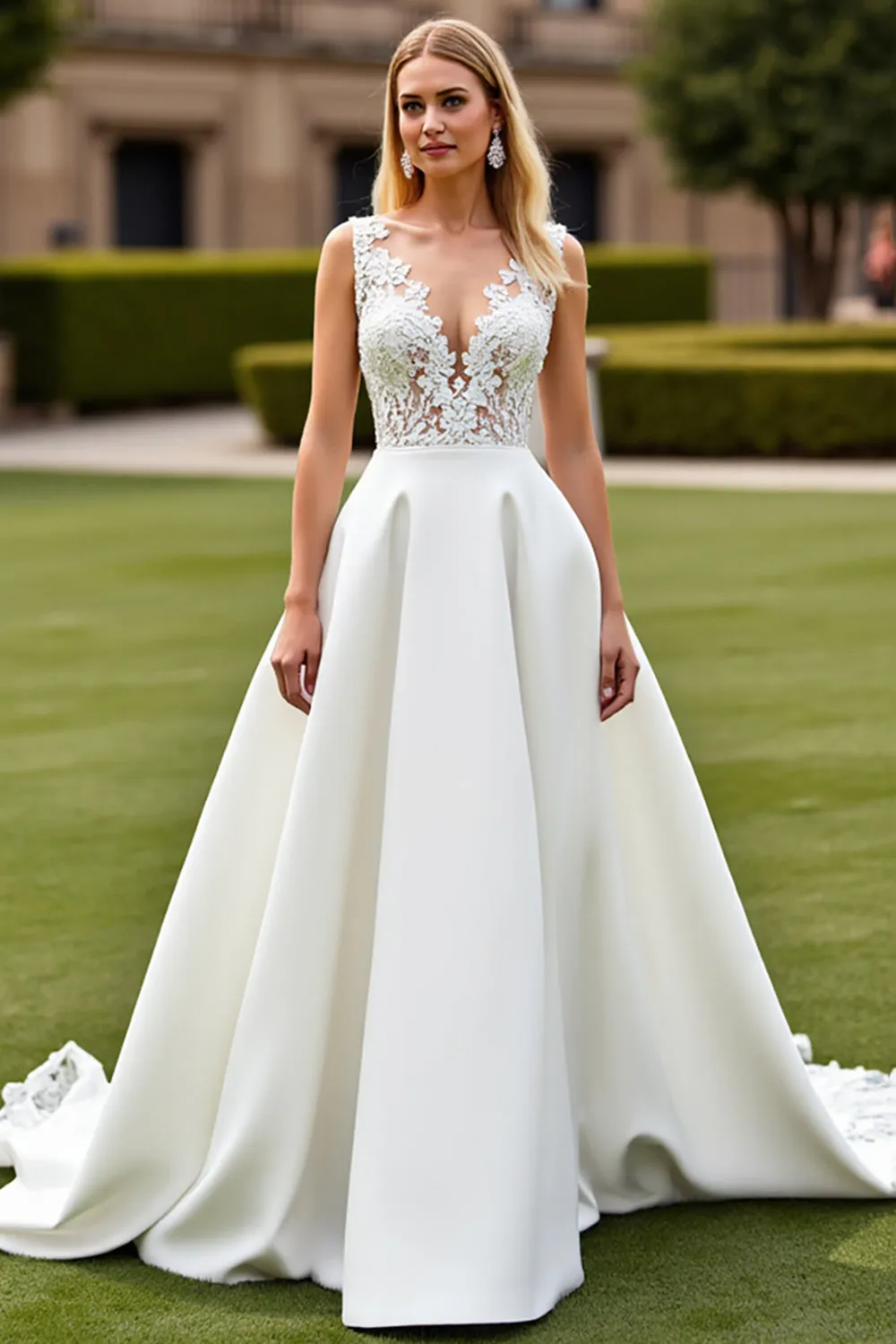 Court Train Satin A Line V-Neck Ivory Wedding Dress with Lace Appliques sold by Zapaka