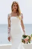 Ivory Satin Mermaid Illusion Neck Chapel Train Wedding Dress with Lace Appliques sold by Zapaka