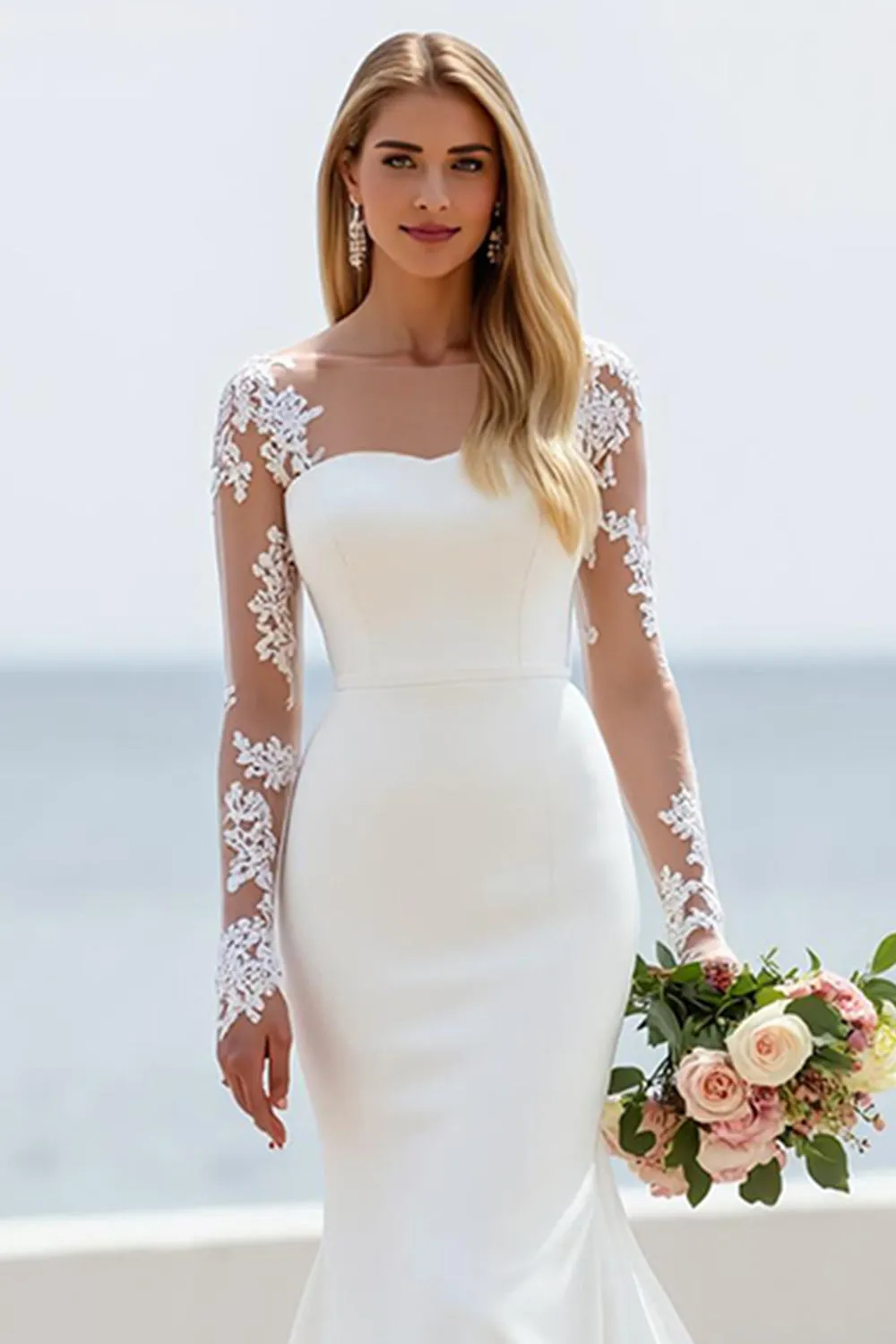 Ivory Satin Mermaid Illusion Neck Chapel Train Wedding Dress with Lace Appliques sold by Zapaka product image thumbnail 2