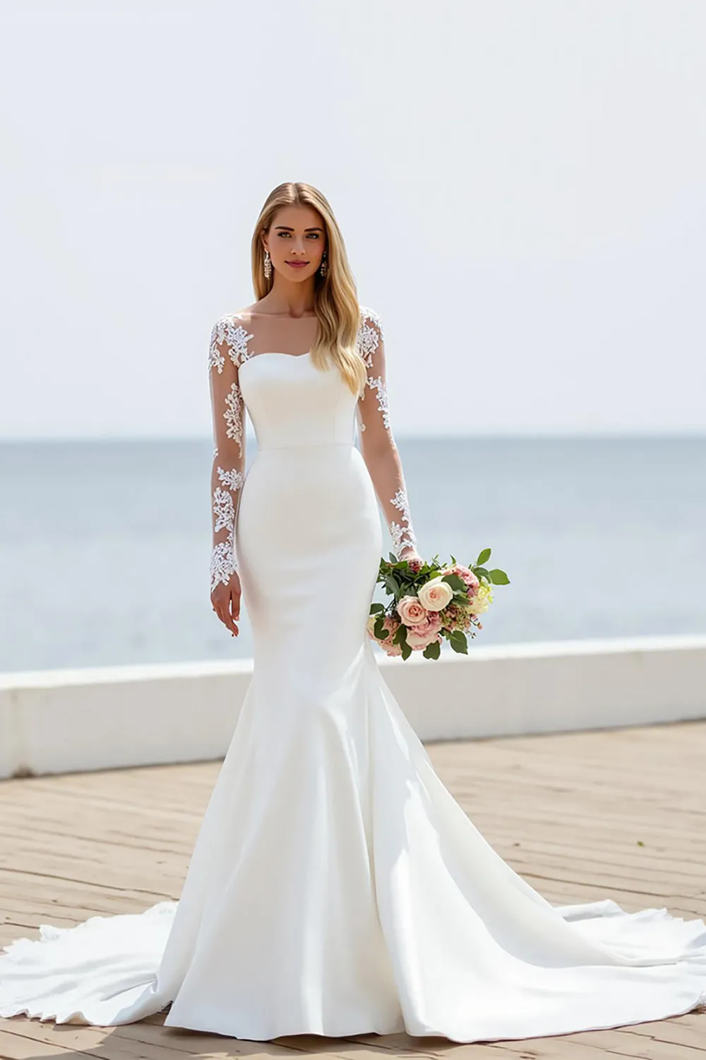 Ivory Satin Mermaid Illusion Neck Chapel Train Wedding Dress with Lace Appliques sold by Zapaka