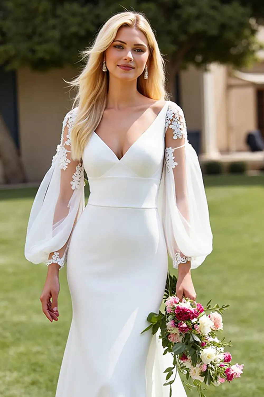 V-Neck Satin Mermaid Ivory Wedding Dress with Lace Appliques sold by Zapaka product image thumbnail 3