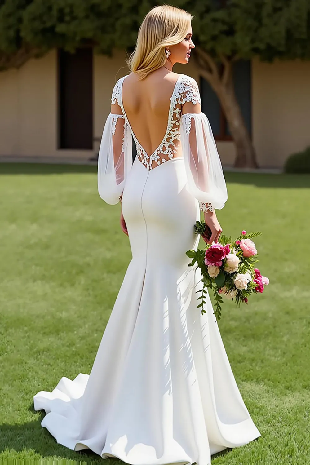 V-Neck Satin Mermaid Ivory Wedding Dress with Lace Appliques sold by Zapaka product image thumbnail 2
