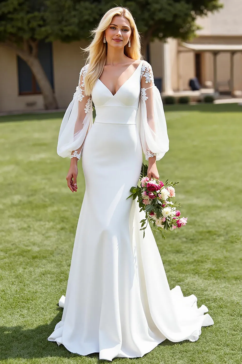 V-Neck Satin Mermaid Ivory Wedding Dress with Lace Appliques sold by Zapaka