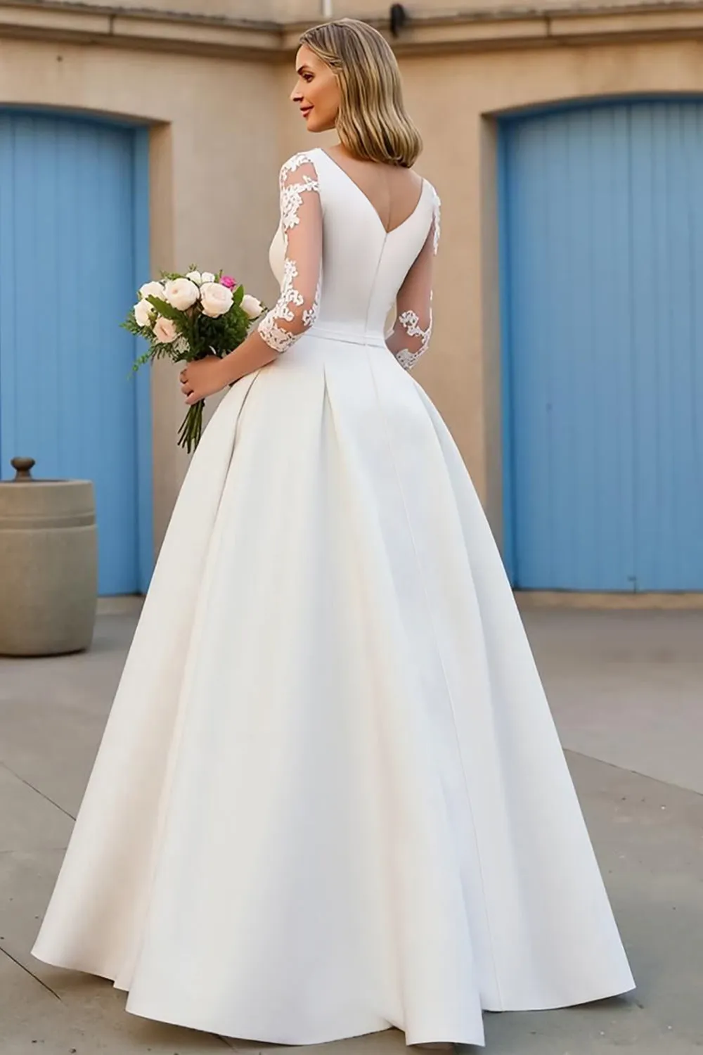 Ivory Court Train Satin A Line V-Neck Wedding Dress with Lace Appliques sold by Zapaka product image thumbnail 2