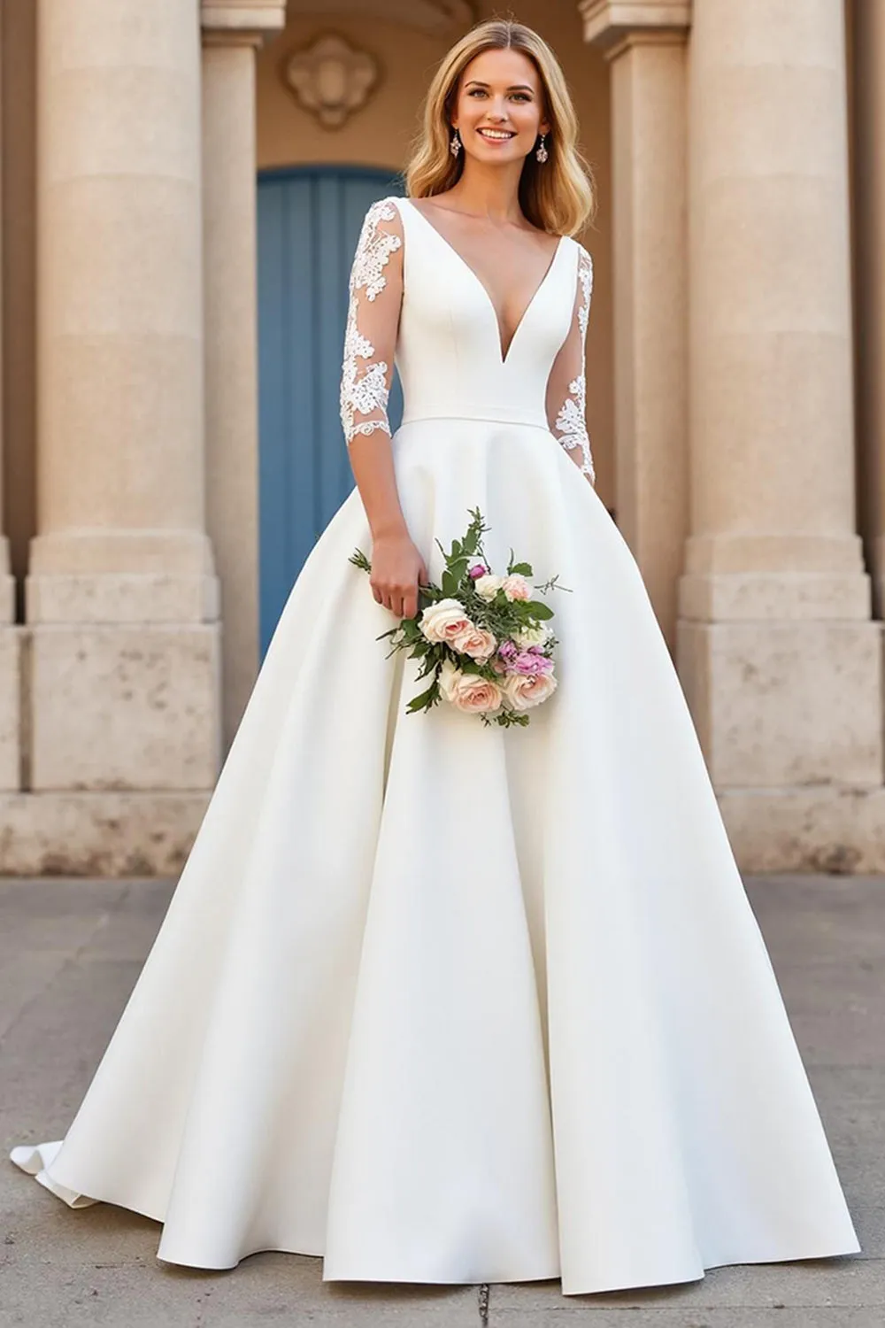 Ivory Court Train Satin A Line V-Neck Wedding Dress with Lace Appliques sold by Zapaka