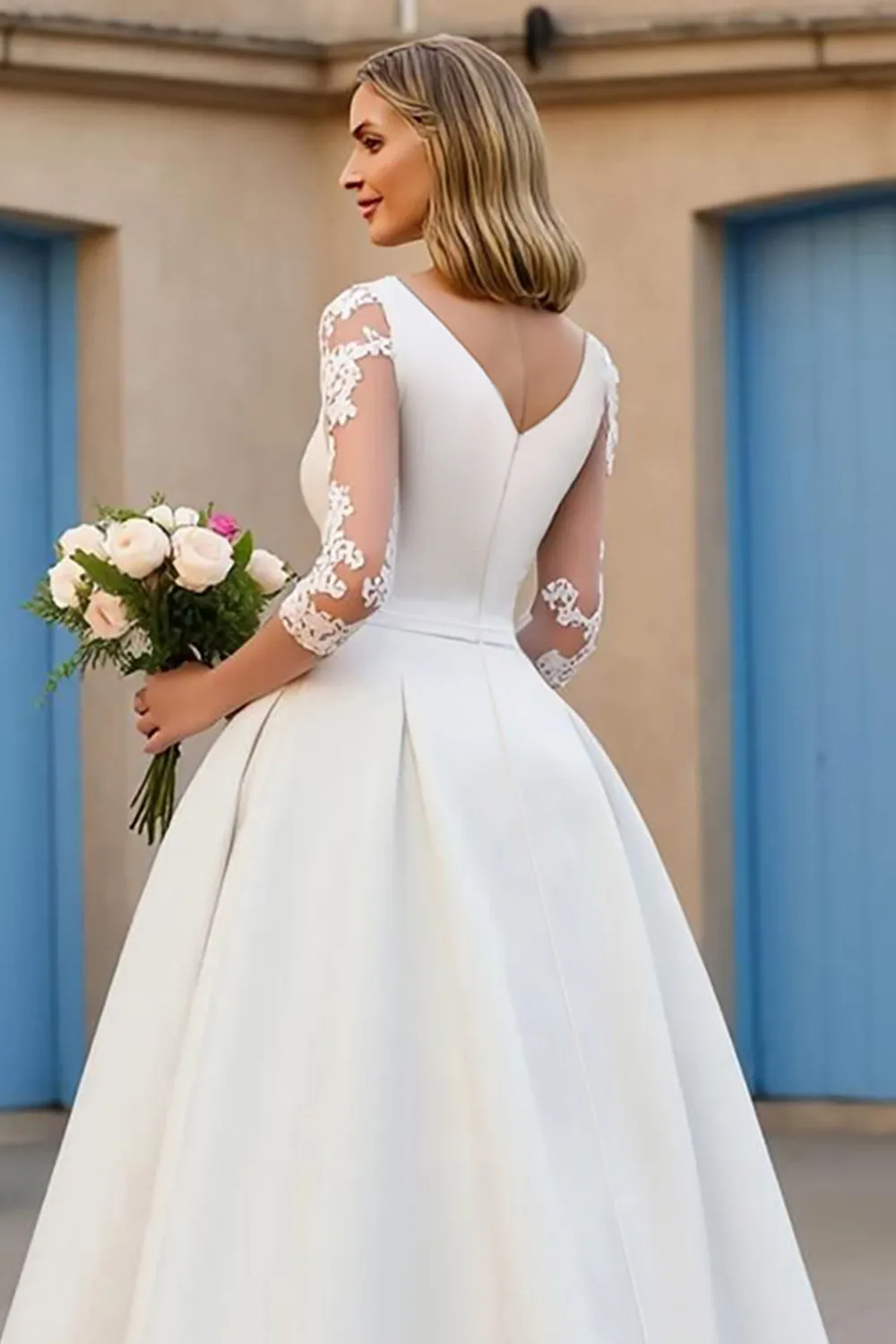 Ivory Court Train Satin A Line V-Neck Wedding Dress with Lace Appliques sold by Zapaka product image thumbnail 4