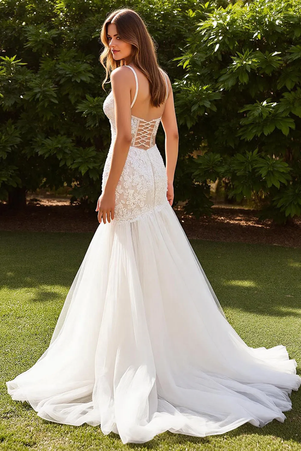 Ivory Court Train Tulle Mermaid V-Neck Wedding Dress with Slit sold by Zapaka product image thumbnail 2