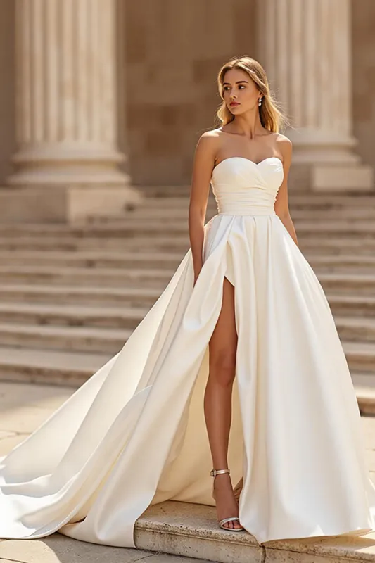 Ivory Satin A Line Strapless Court Train Wedding Dress with Slit sold by Zapaka