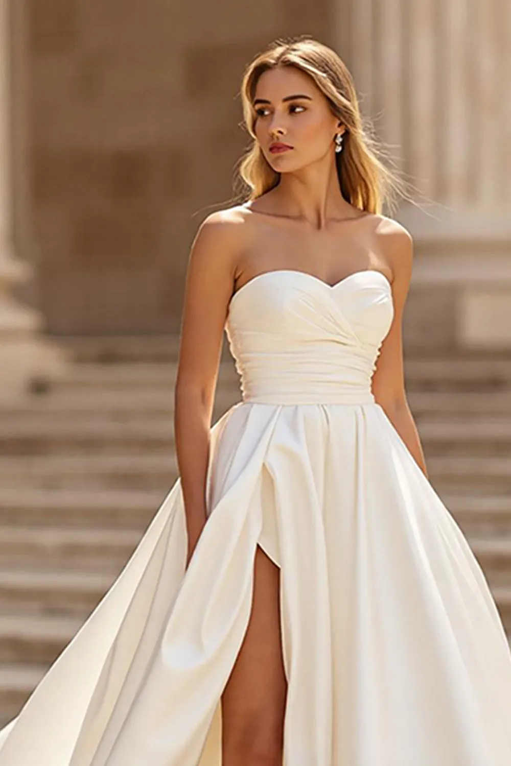 Ivory Satin A Line Strapless Court Train Wedding Dress with Slit sold by Zapaka product image thumbnail 2