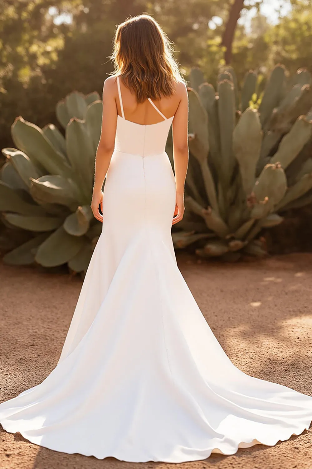 Ivory One Shoulder Simple Satin Mermaid Wedding Dress with Slit sold by Zapaka product image thumbnail 2