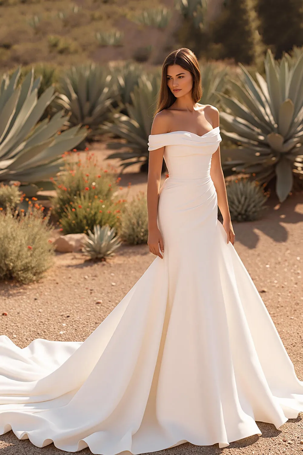Ivory Satin Mermaid Off the Shoulder Court Train Wedding Dress sold by Zapaka