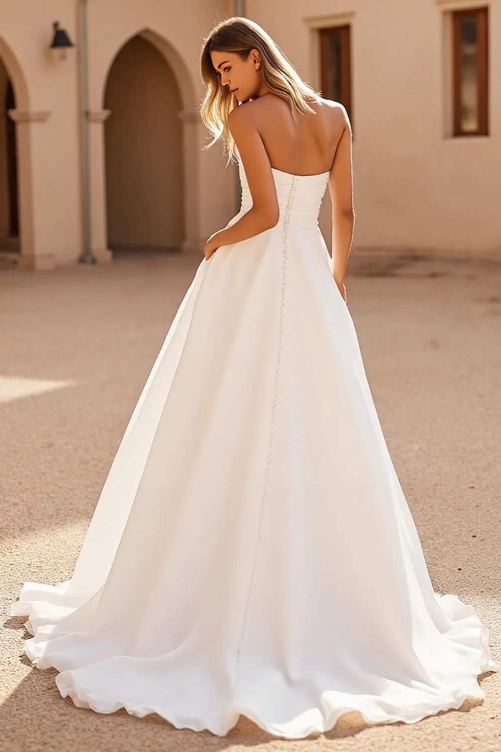 Ivory Strapless Ruched Chiffon A Line Wedding Dress with Slit sold by Zapaka product image thumbnail 2