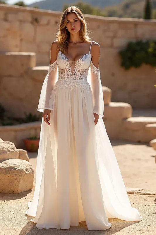 Ivory Chiffon A Line Cold Shoulder Court Train Wedding Dress with Lace Appliques sold by Zapaka