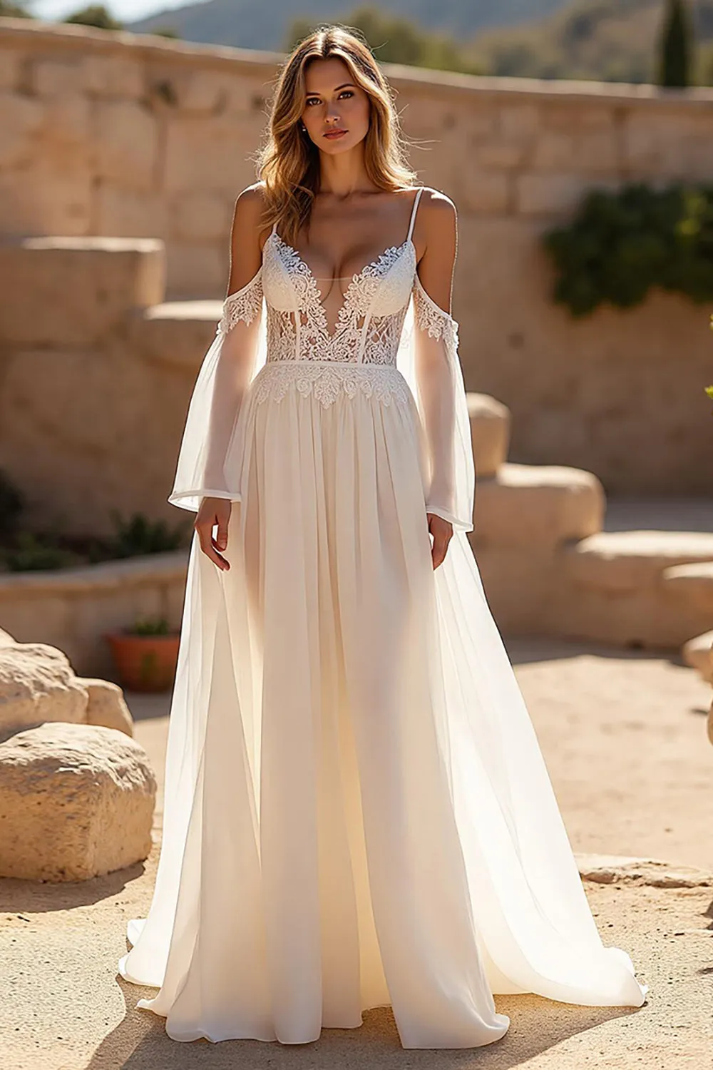Ivory Chiffon A Line Cold Shoulder Court Train Wedding Dress with Lace Appliques sold by Zapaka