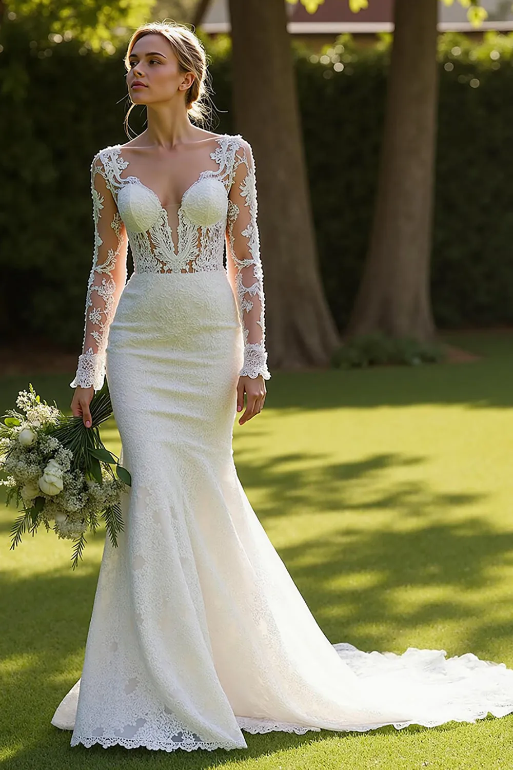 Ivory Mermaid V-Neck Court Train Wedding Dress sold by Zapaka