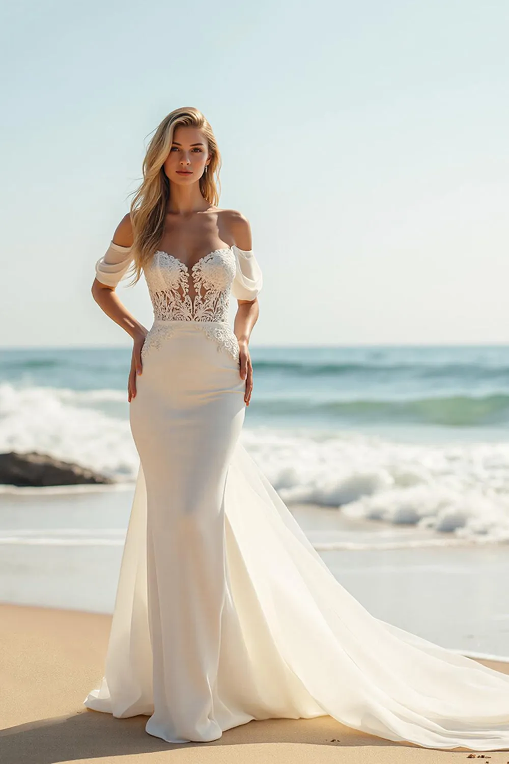 Off the Shoulder Chiffon Mermaid Ivory Wedding Dress with Lace Appliques sold by Zapaka