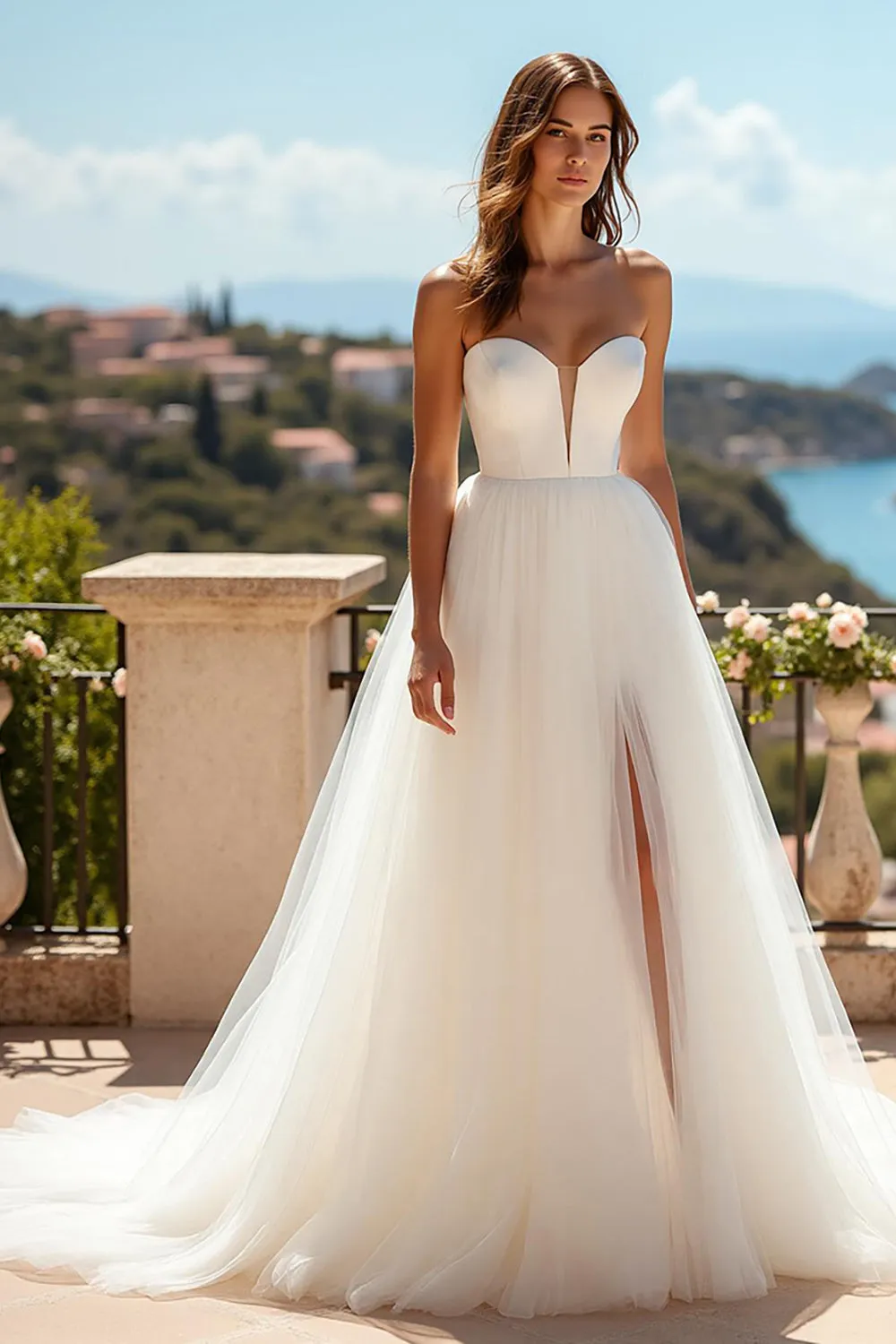 Strapless Simple Tulle A Line Ivory Wedding Dress with Slit sold by Zapaka