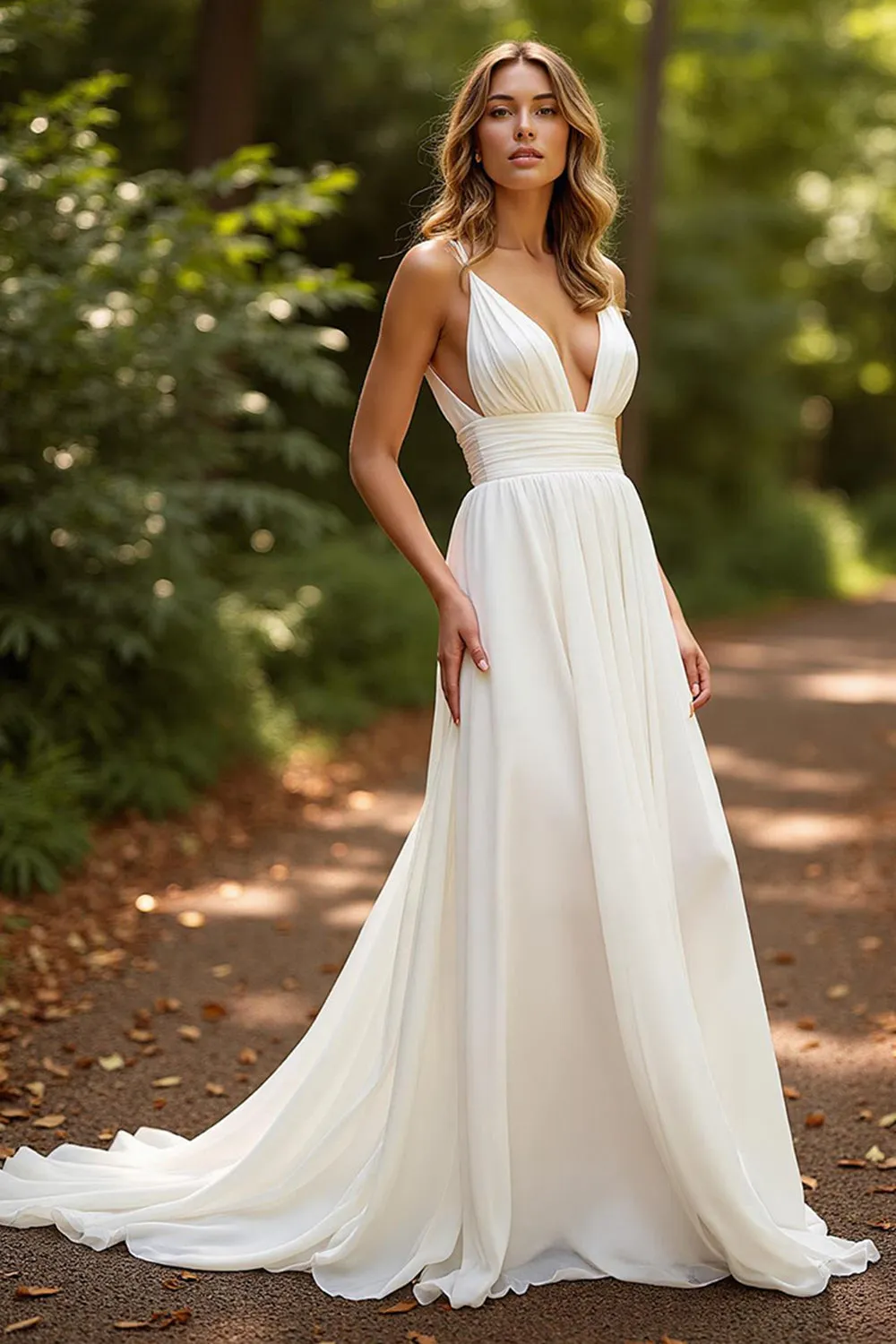 Ivory Chiffon A Line V-Neck Court Train Wedding Dress sold by Zapaka