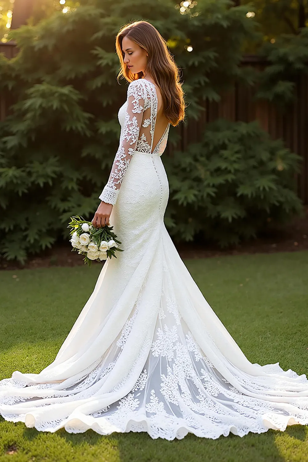 Ivory V-Neck Lace Mermaid Wedding Dress with Appliques sold by Zapaka product image thumbnail 2