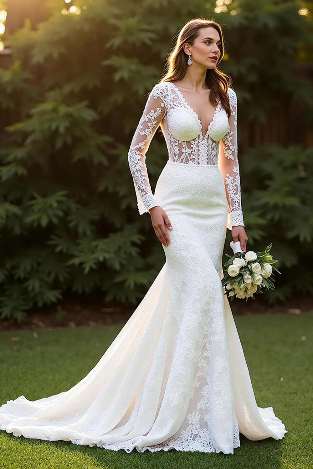 Ivory V-Neck Lace Mermaid Wedding Dress with Appliques sold by Zapaka